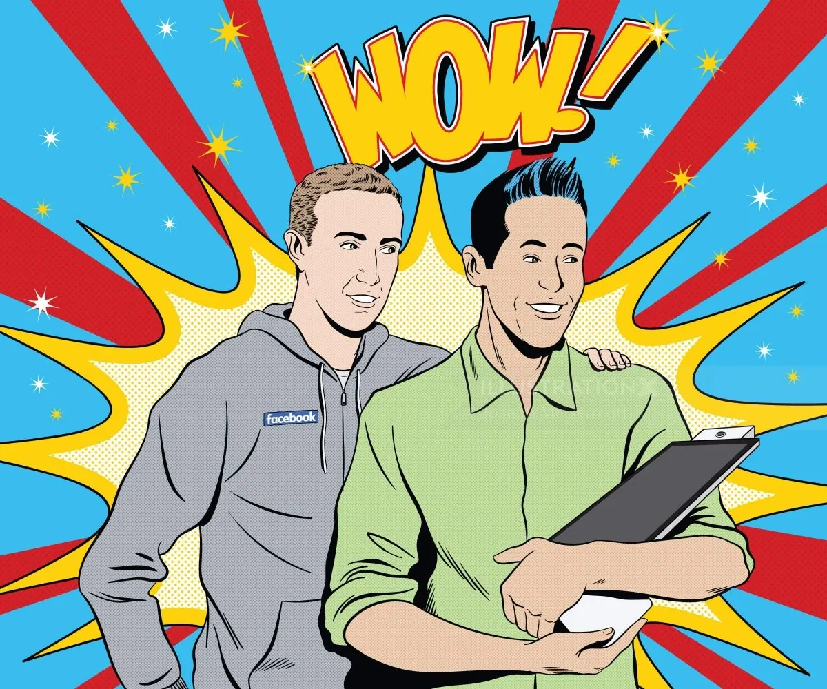 Two men amazed looking at a tablet with comic WOW text background