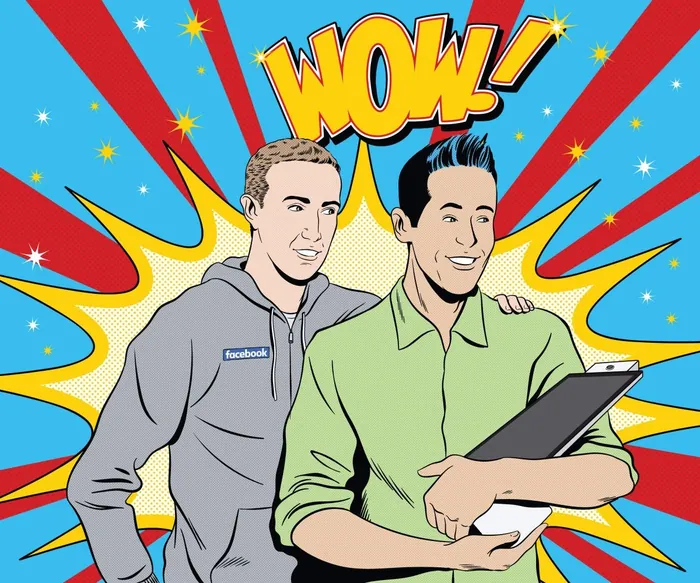 Two men amazed looking at a tablet with comic WOW text background