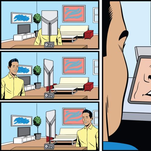 Man using a tablet that causes a chair to break in a comic strip.