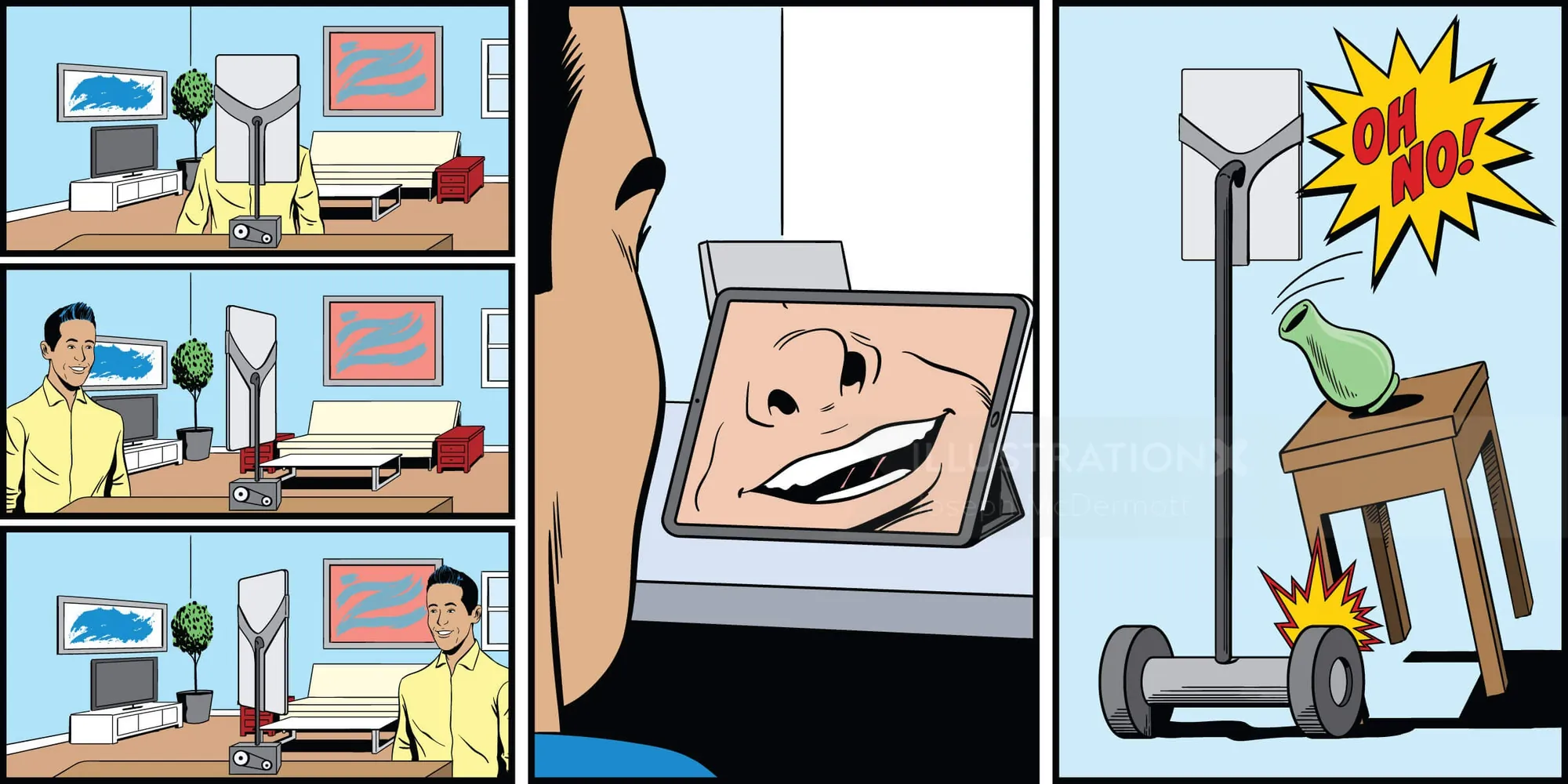 Man using a tablet that causes a chair to break in a comic strip.