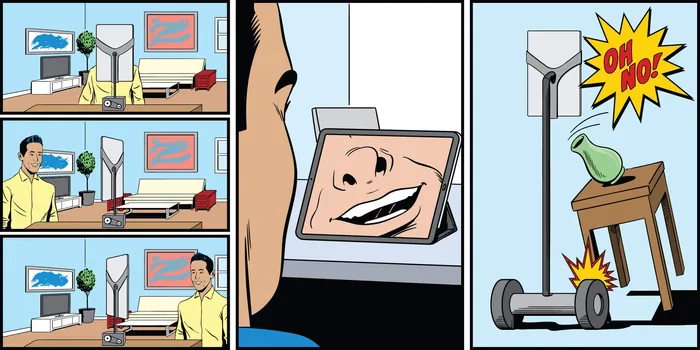 Man using a tablet that causes a chair to break in a comic strip.
