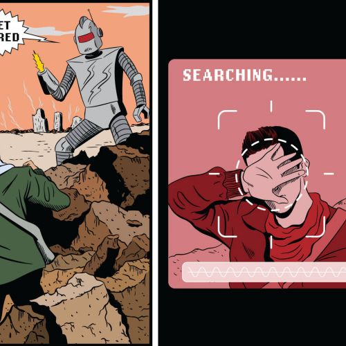 Robot targeting human then losing target in comic style panels