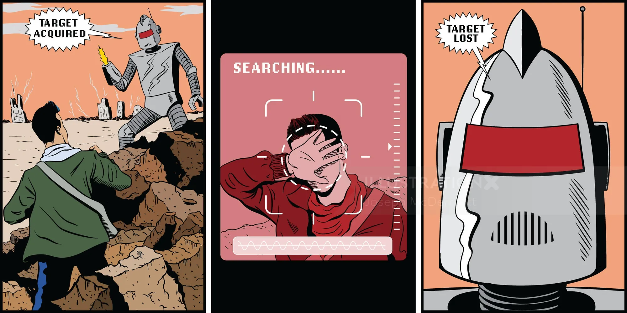 Robot targeting human then losing target in comic style panels