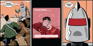 Robot targeting human then losing target in comic style panels
