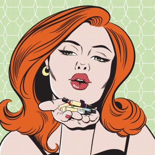 Red-haired woman blowing a kiss holding a lipstick in pop art style