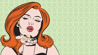 Red-haired woman blowing a kiss holding a lipstick in pop art style