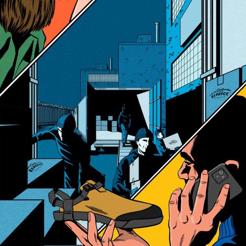 Comic style scene with people in dark alley and man on phone