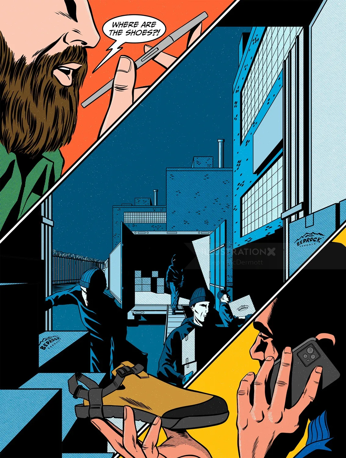 Comic style scene with people in dark alley and man on phone