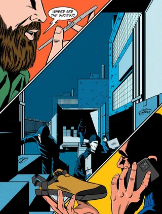 Comic style scene with people in dark alley and man on phone