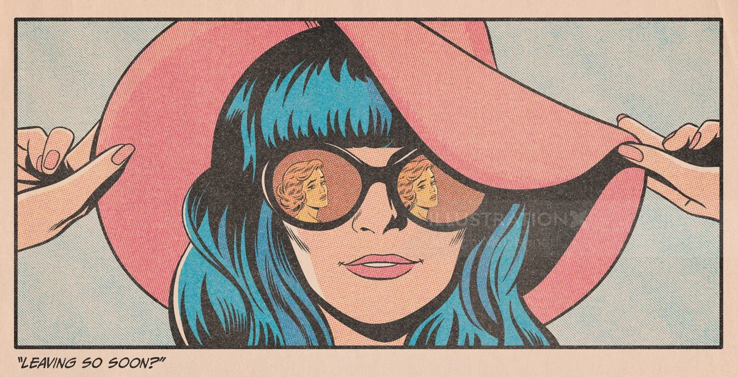 Woman with blue hair wearing sunglasses and a large pink hat