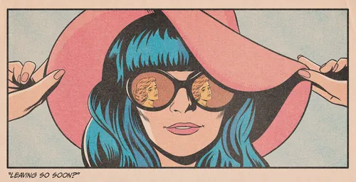 Woman with blue hair wearing sunglasses and a large pink hat