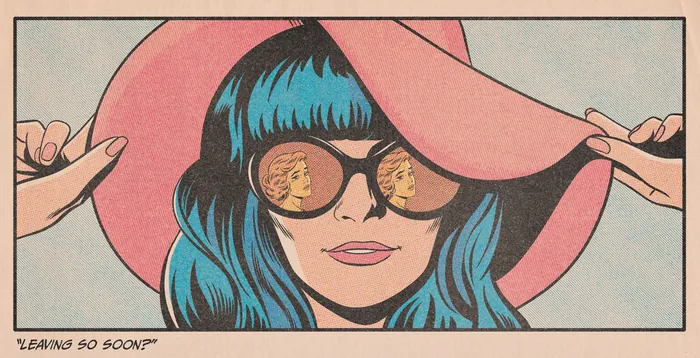 Woman with blue hair wearing sunglasses and a large pink hat