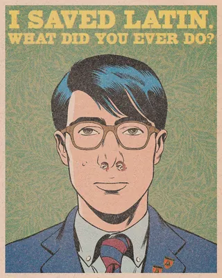 Illustration of a young man in glasses with text about saving Latin