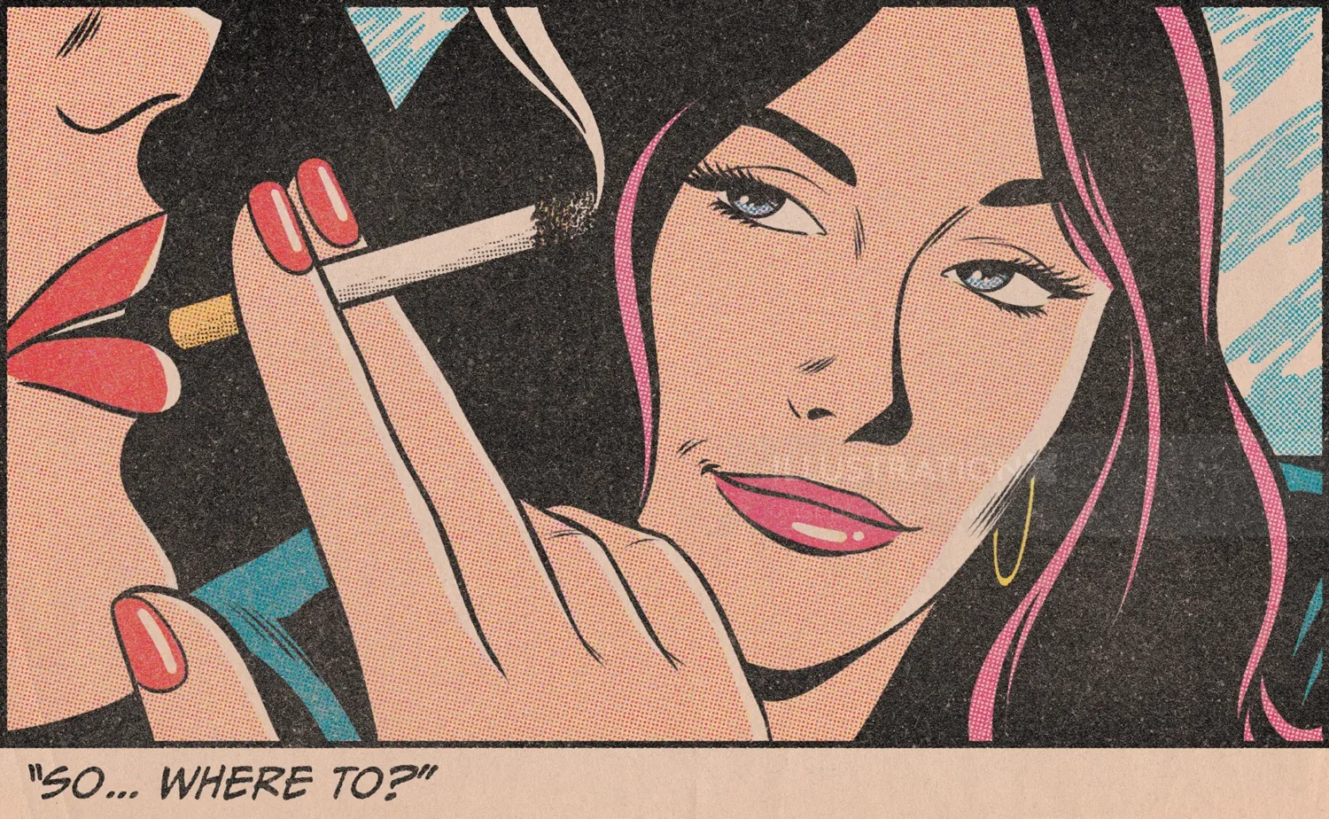 Woman holding cigarette looking at another person saying Where to