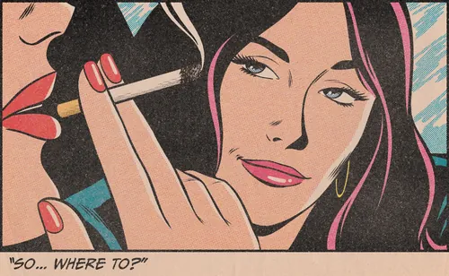Woman holding cigarette looking at another person saying Where to