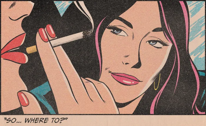Woman holding cigarette looking at another person saying Where to
