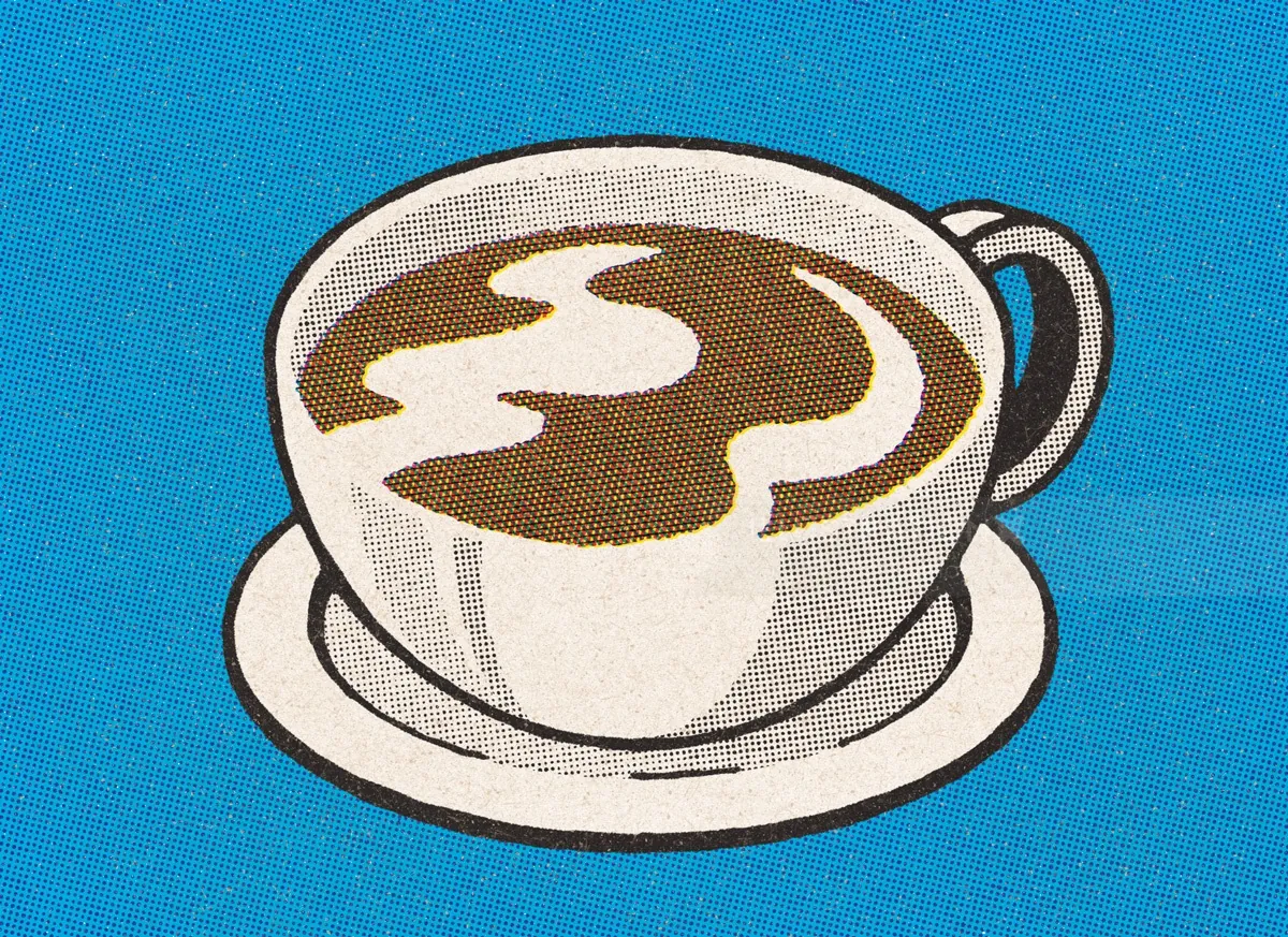 Illustration of a coffee cup with latte art on blue background