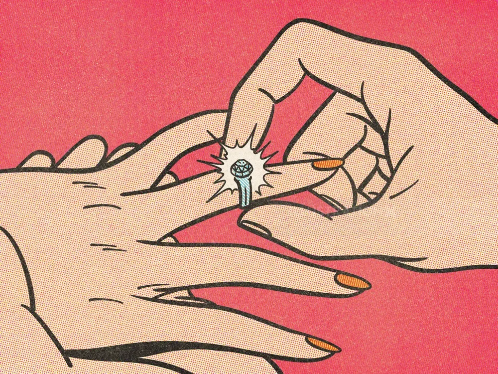 Hand putting diamond ring on another hand's finger illustration