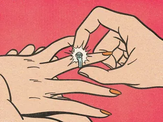 Hand putting diamond ring on another hand's finger illustration