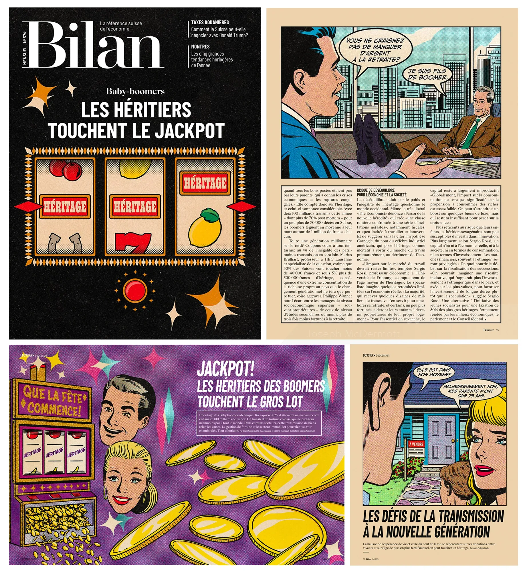 Joseph McDermott's illustrated Bilan Magazine cover and interior pages