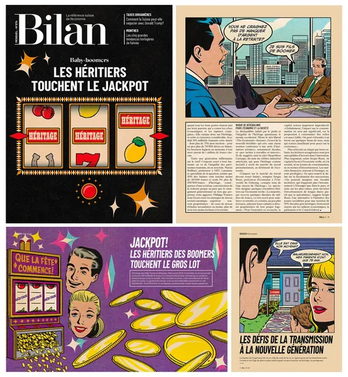 Joseph McDermott's illustrated Bilan Magazine cover and interior pages