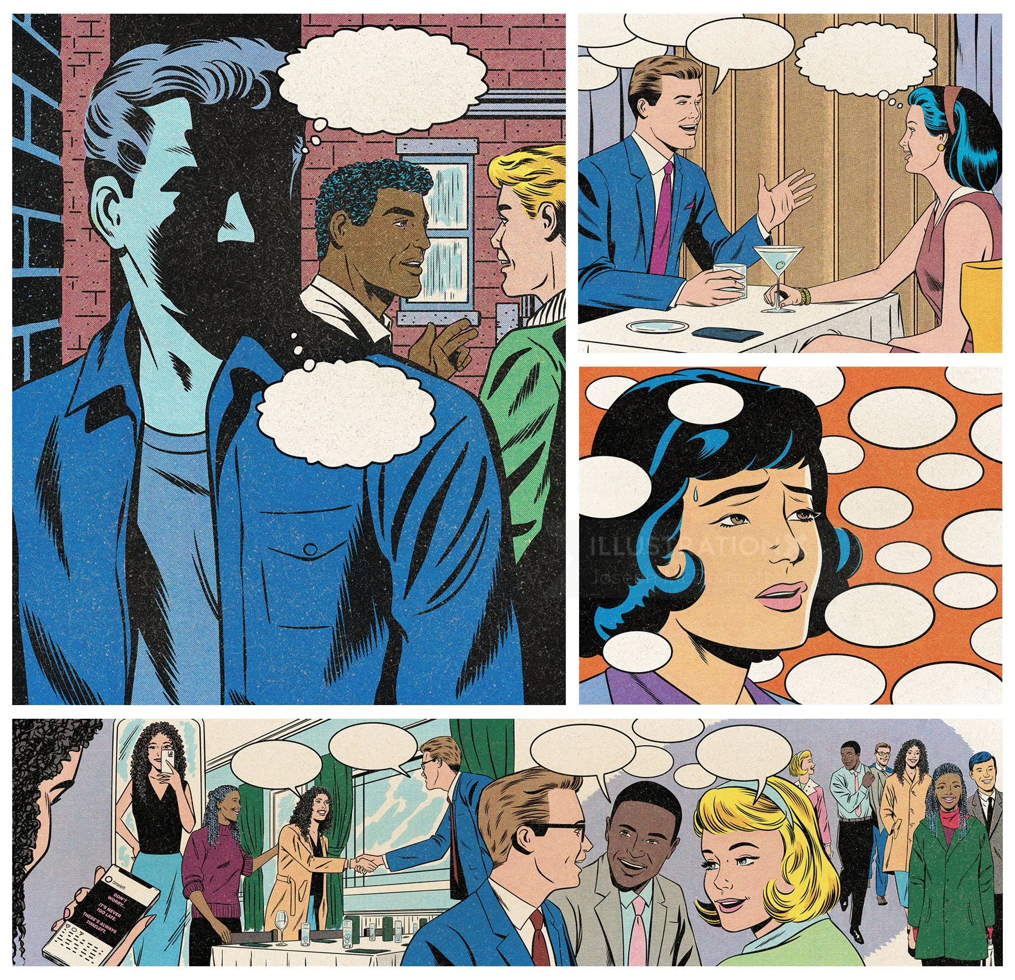 Comic-style love and friendship scenes by Joseph McDermott
