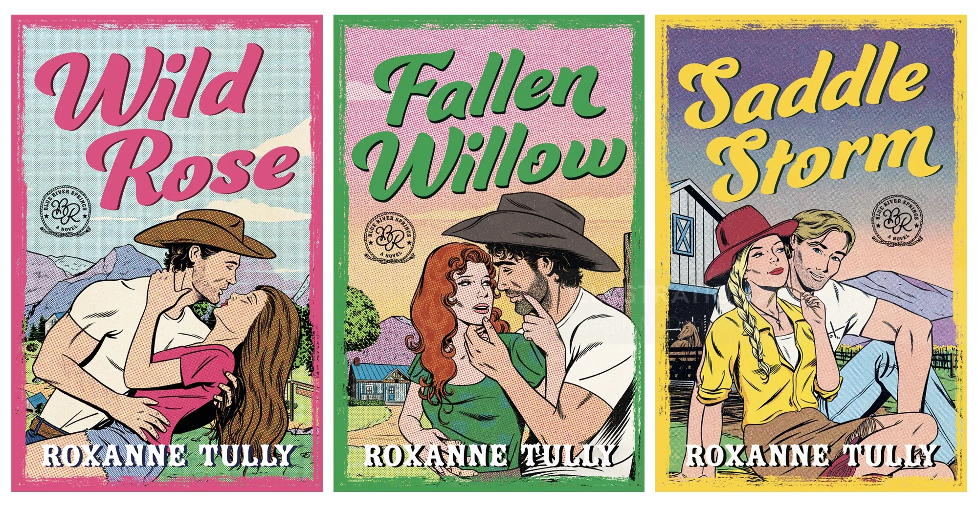 Joseph McDermott illustration of three Roxanne Tully romance book covers