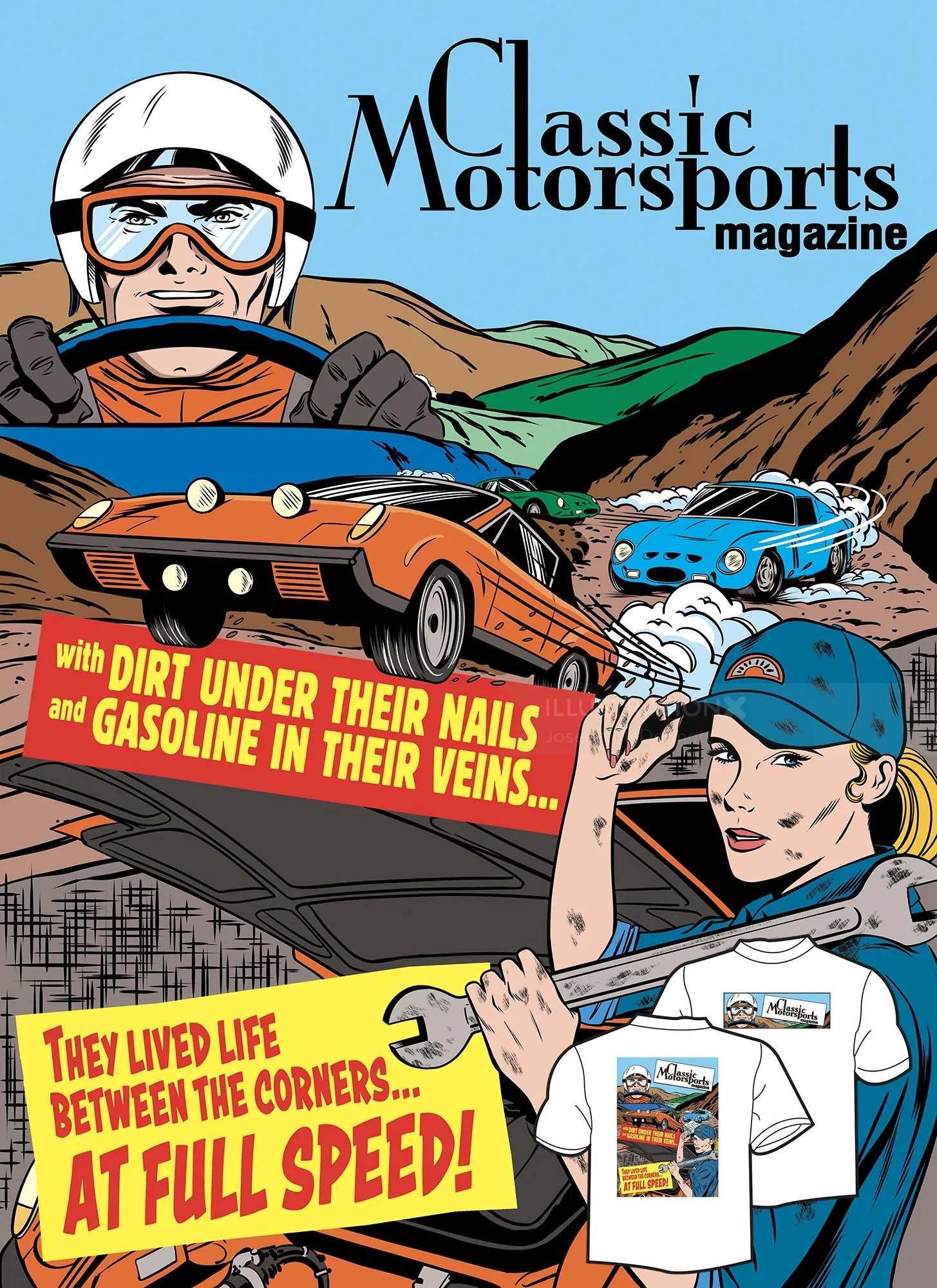 Joseph McDermott illustration of a racing scene from a Classic Motorsports Magazine shirt