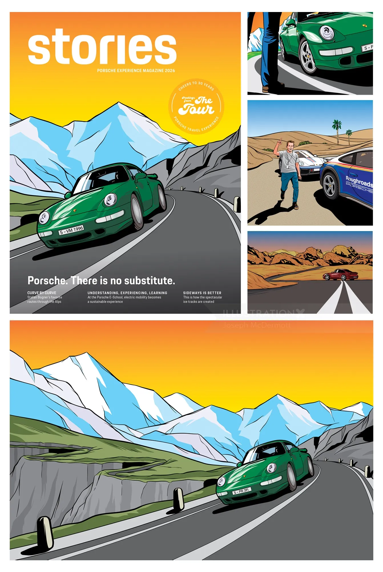 Joseph McDermott’s illustrated Porsche magazine cover and interior spreads
