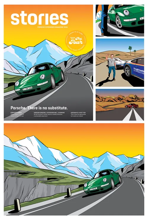 Joseph McDermott’s illustrated Porsche magazine cover and interior spreads