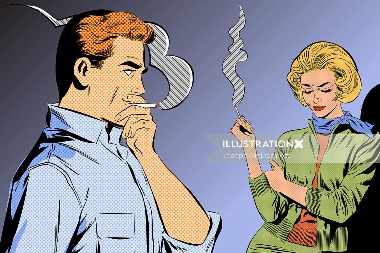 Ilustração em quadrinhos de casal de fumar