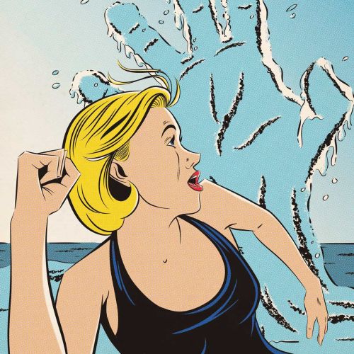 Swimming woman chased by scary had tides illustration