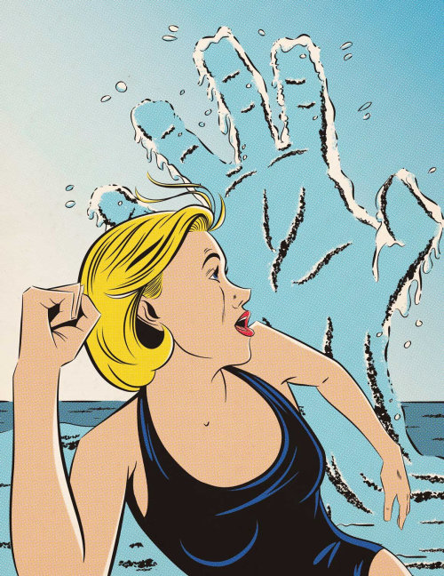 Swimming woman chased by scary had tides illustration