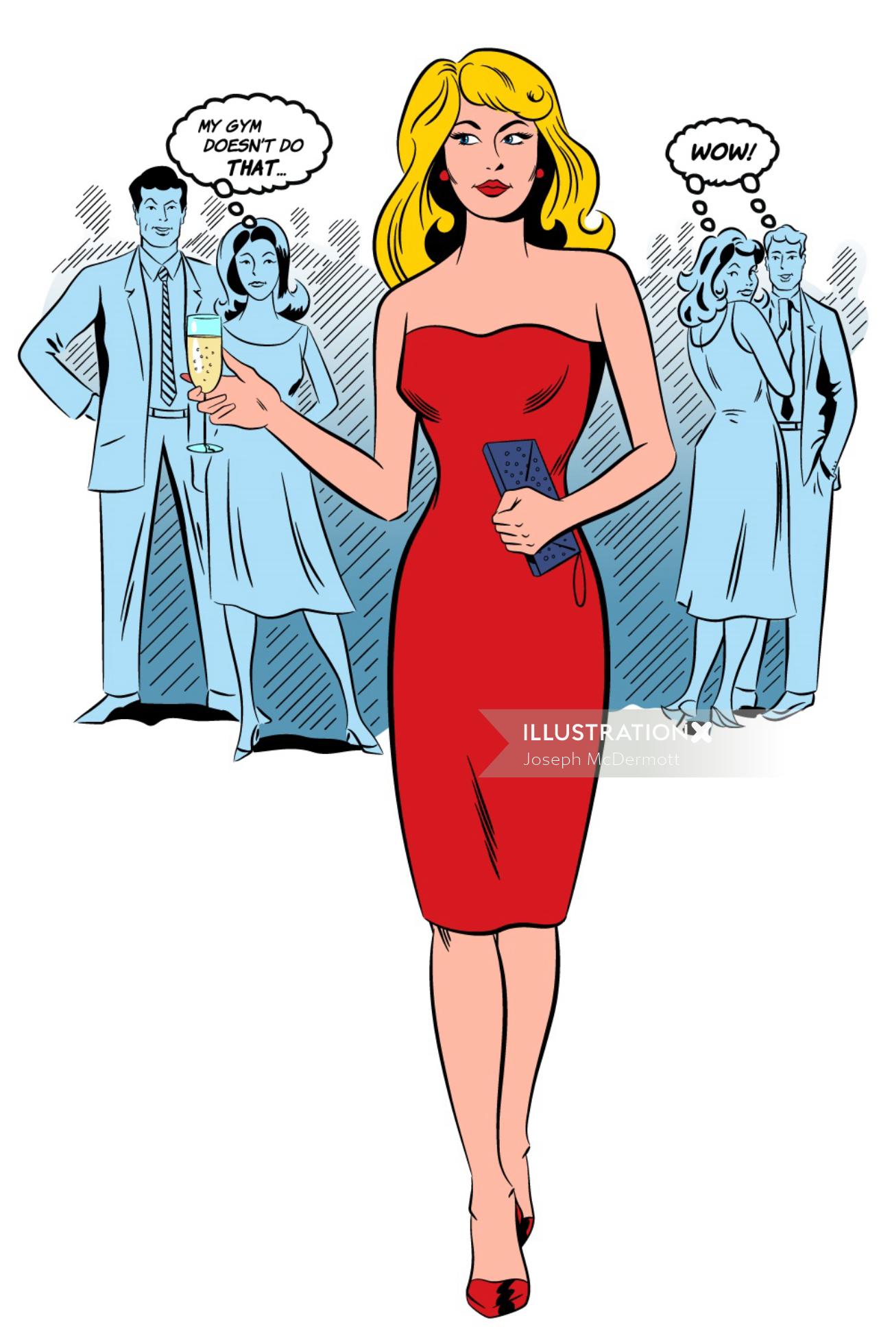 Ilustração de mulher de vestido vermelho