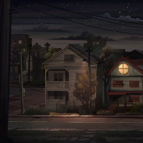 Graphic street with house in night