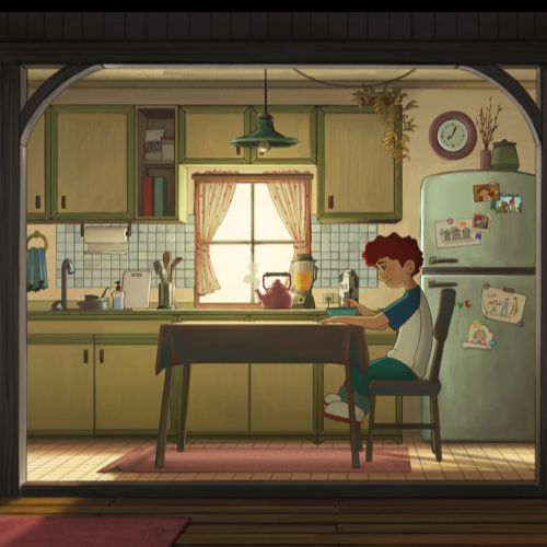 Visual art of boy sitting at dining table  in suburban kitchen for The Dumb Elephant film