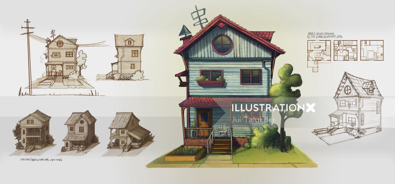 Pintura digital de casa de madeira