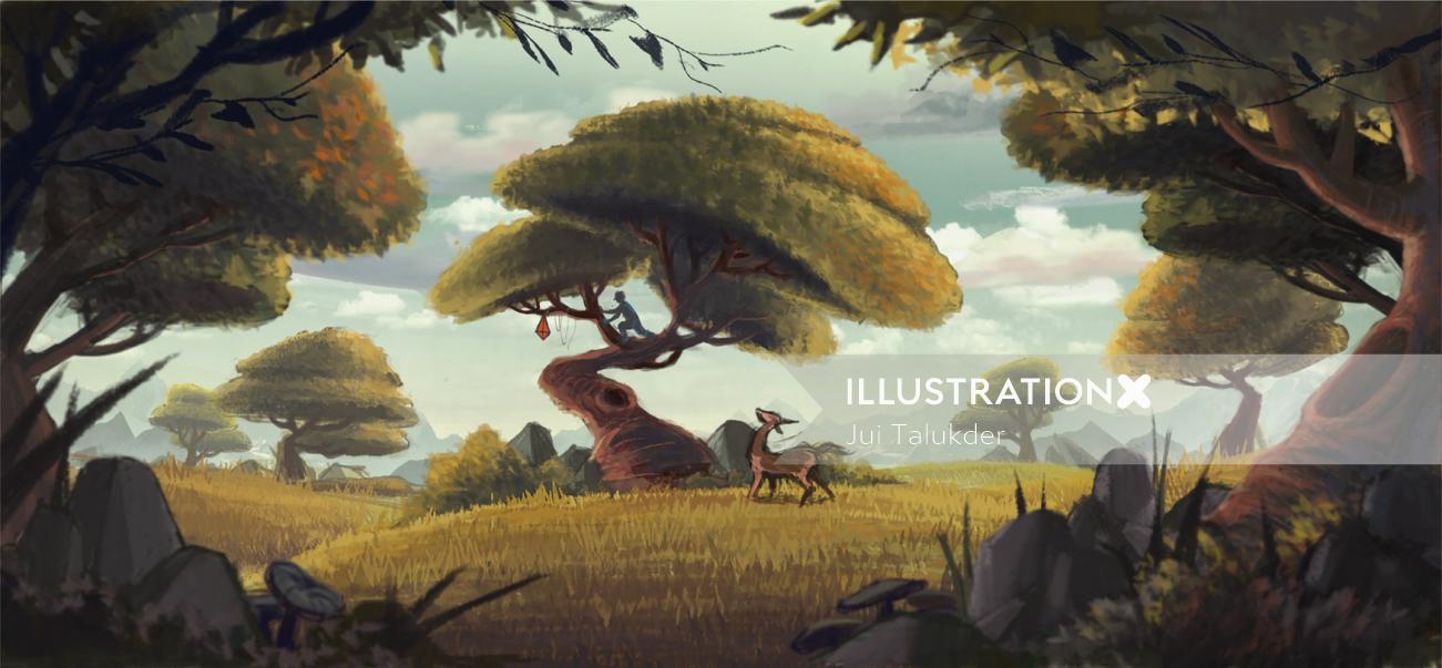 Illustration du garçon et du cerf jouant dans la nature