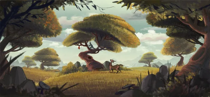 Illustration of boy and deer playing in nature