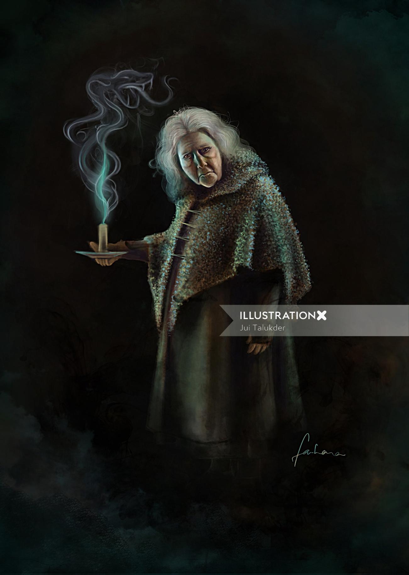 Old women holding candle Drawing by Farhana Hossain