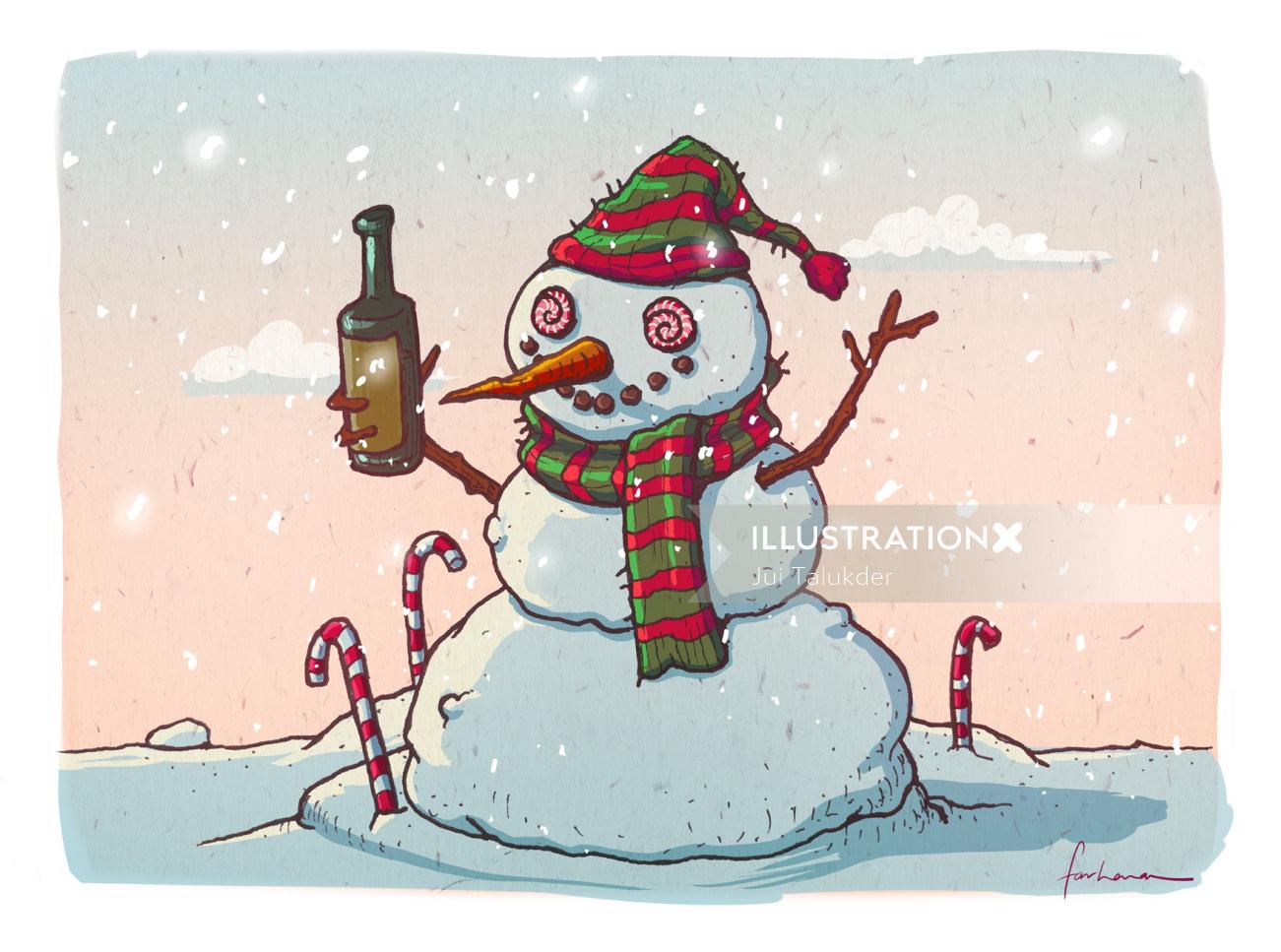 Ilustração de boneco de neve de Natal com garrafa