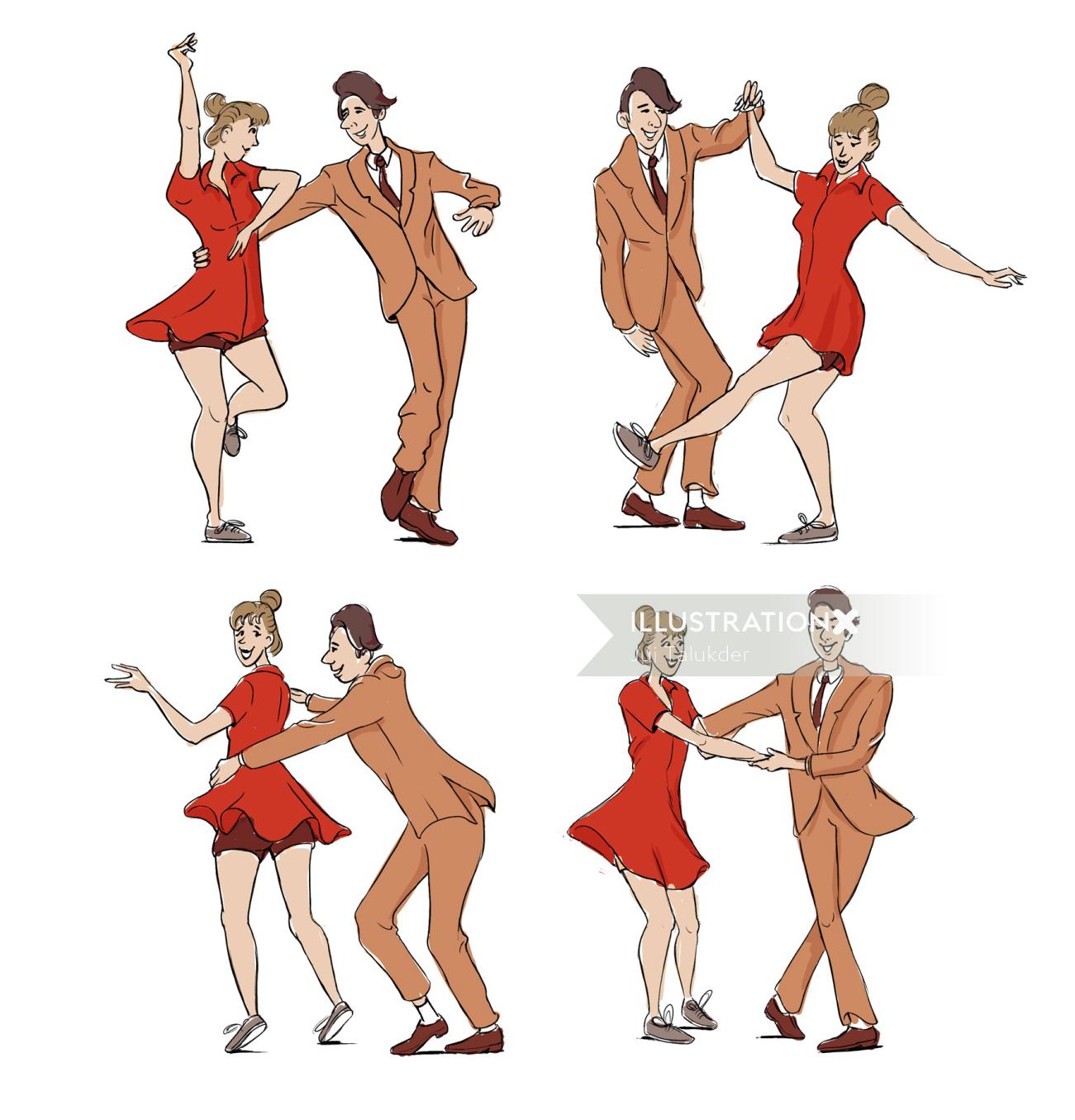 Desenho colorido de dançarinos de swing