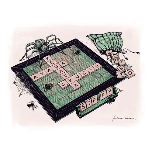 Ilustración de araña en tablero de scrabble