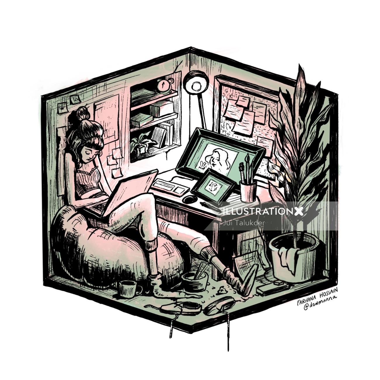 Desenho de menina trabalhando no laptop