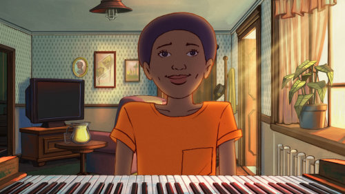 Character design of young boy sitting at her grandmother's piano