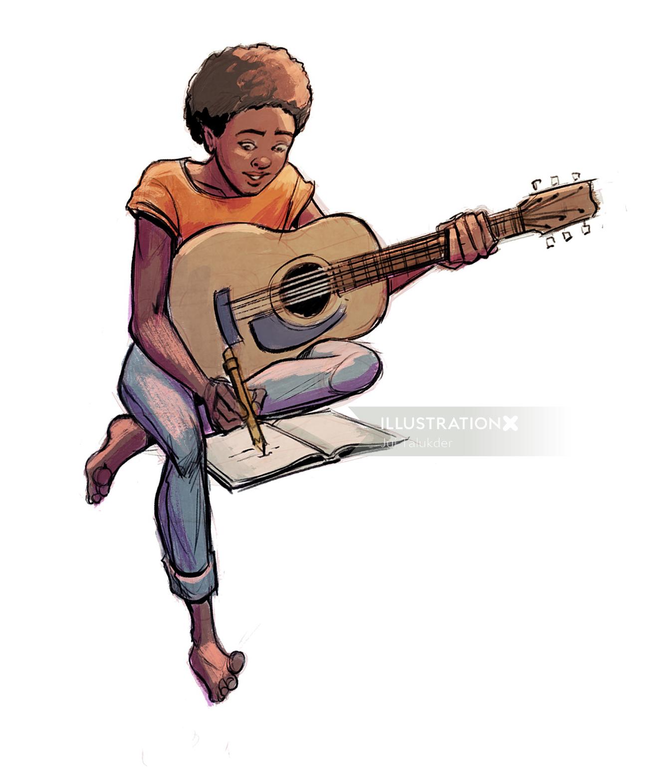 Design de personagens de Homem aprendendo guitarra