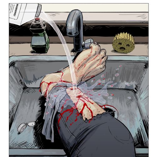 Graphic washing blood on leg