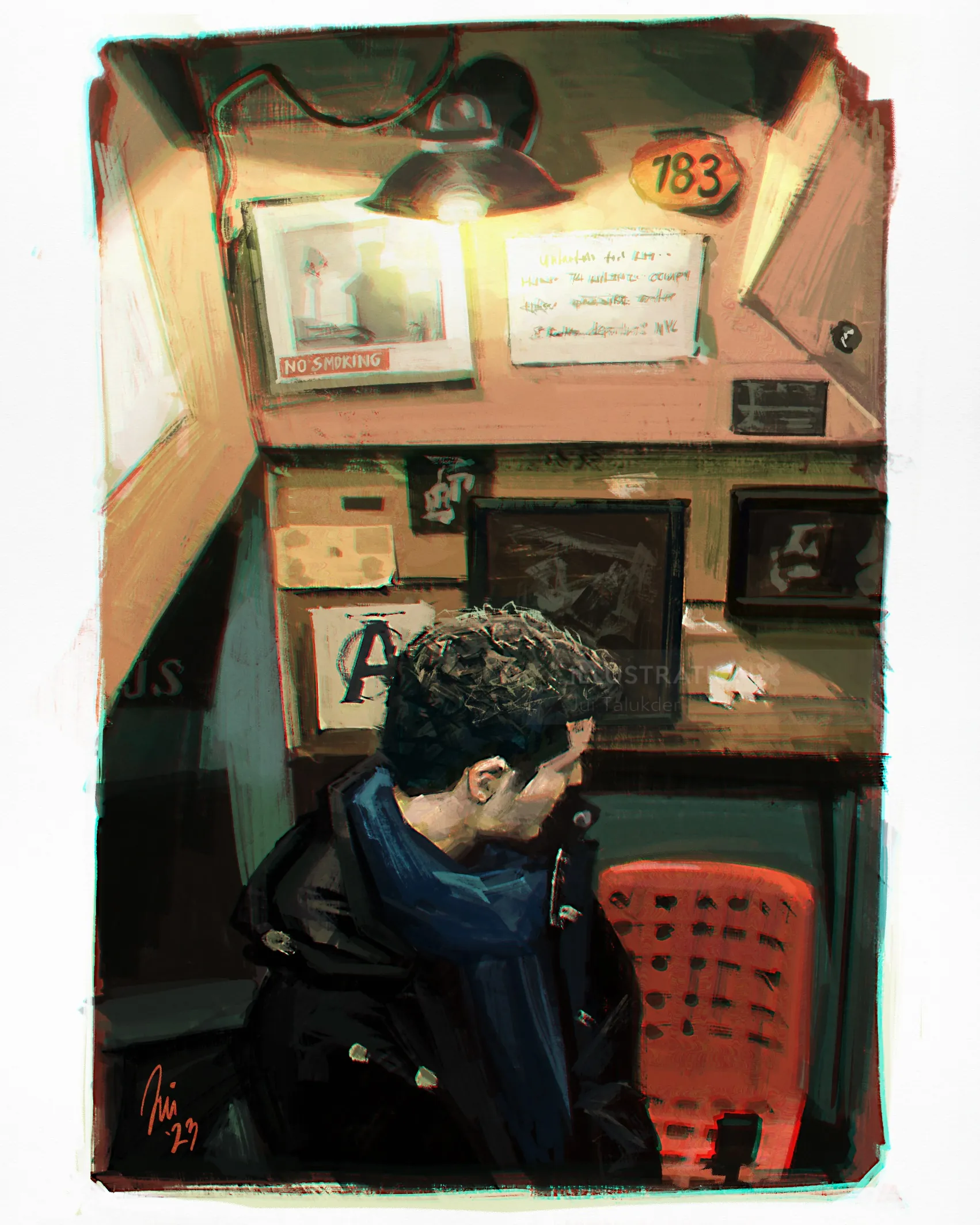 Man with blue scarf sitting in a small booth under warm light by Jui Talukder
