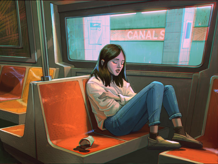Una chica solitaria que viaja en el tren Q nocturno