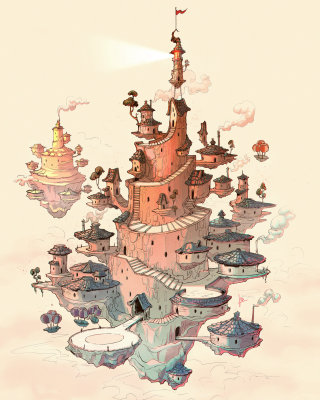 Fantasy floating lighthouse atop a floating village